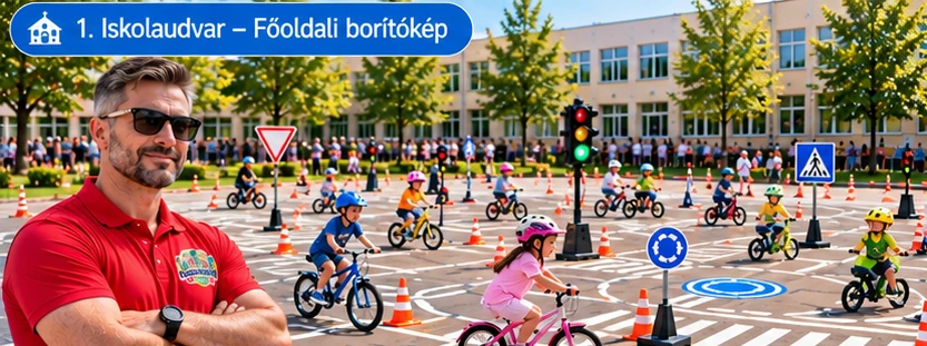 Illusztráció: gyermekek mobil KRESZ-pályán, jelzőlámpákkal, bójákkal és közlekedési táblákkal